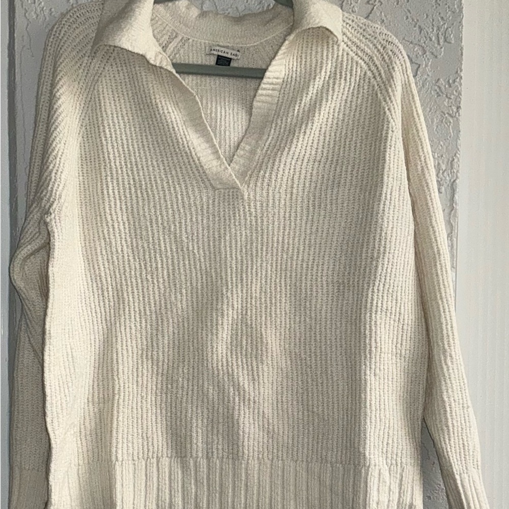 American Eagle Outfitters Cream V-Neck Collared Sweater